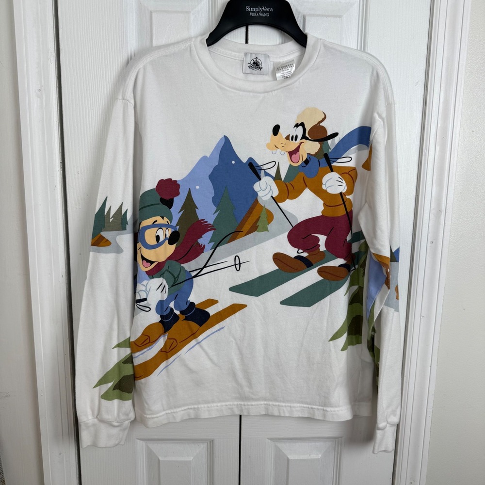 Disney Goofy Mickey Ski Graphic Tee XS White Vintage Style Long Sleeve Shirt
